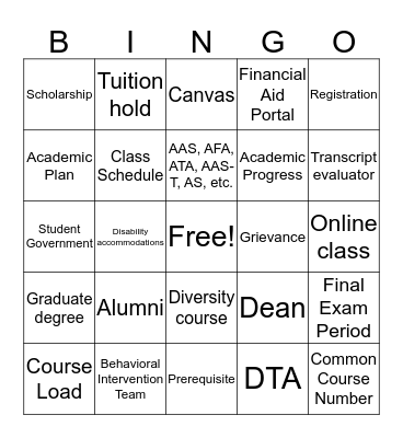 College 101: Terminology Bingo Card