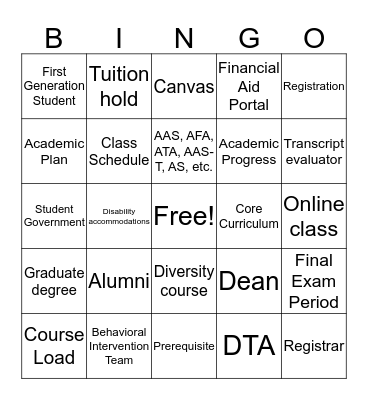 College 101: Terminology Bingo Card