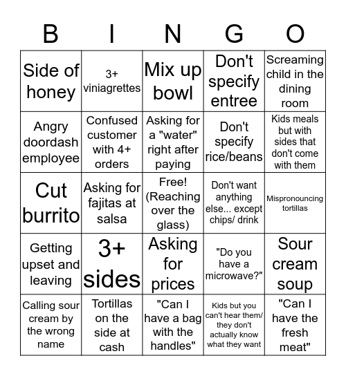 Chipotle Customer Bingo Card