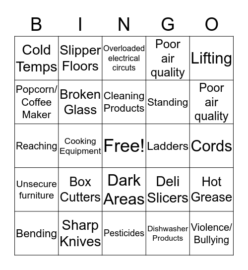 Hazards Bingo Card