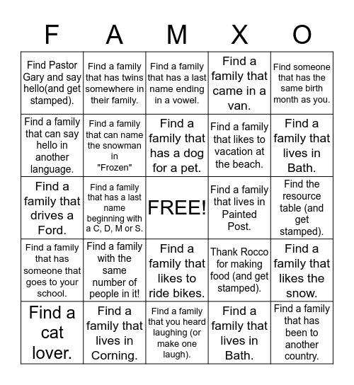 FamX O Bingo Card