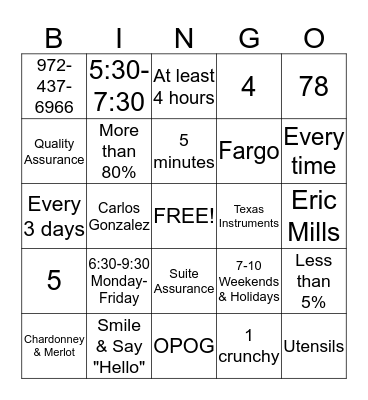 Homewood Suites BINGO Card
