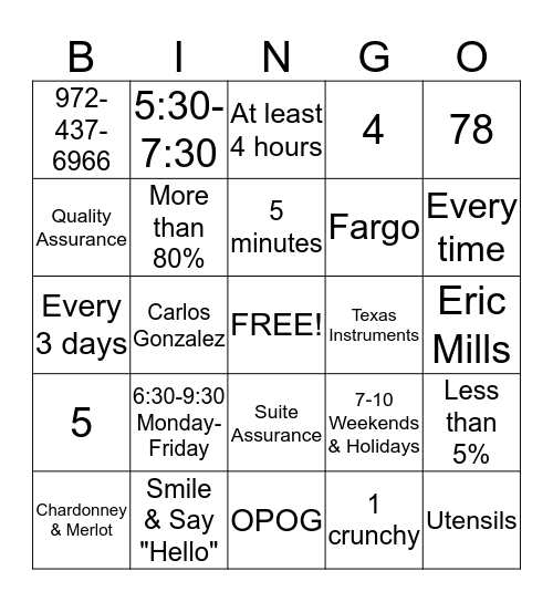 Homewood Suites BINGO Card