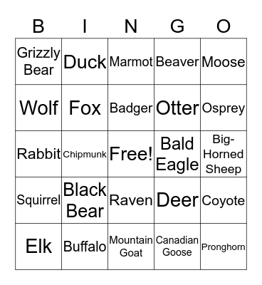 Yellowstone Animals Bingo Card