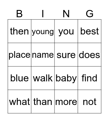 Word Wall Word Bingo Card