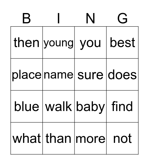 Word Wall Word Bingo Card