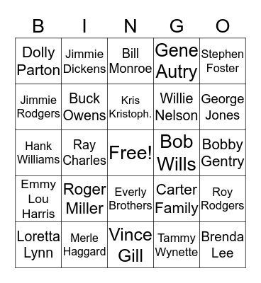 Country Music Bingo Card