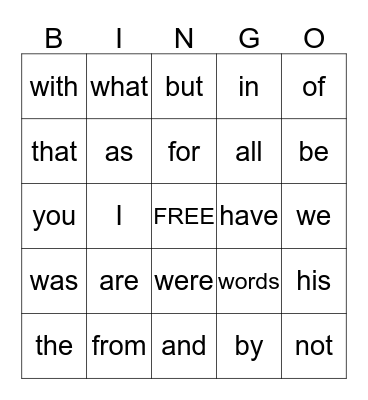 Sight Words Bingo Card