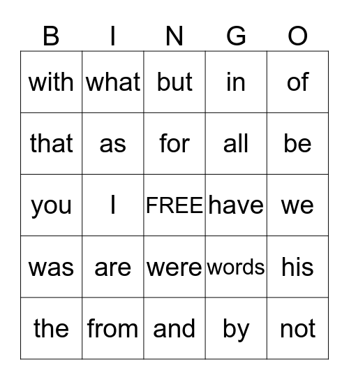 Sight Words Bingo Card