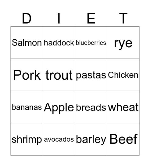 Paleo Diet Bingo Card