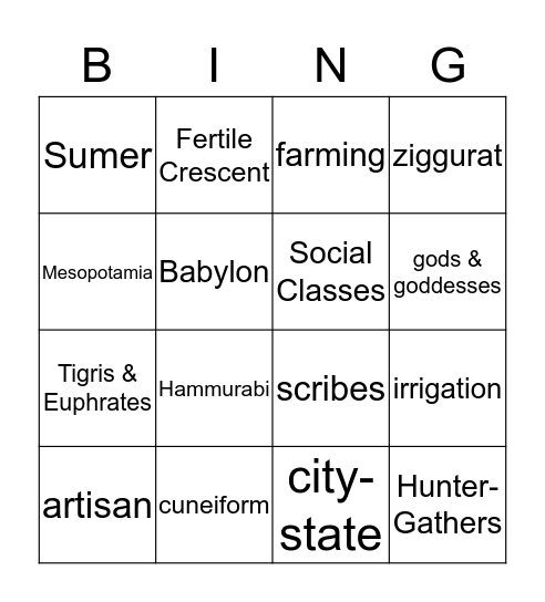 Ancient Civilization - Mesopotamia Bingo Card