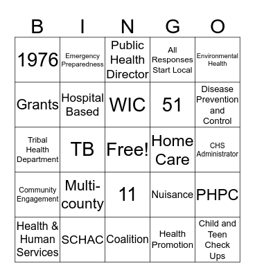 Public Health Bingo Card