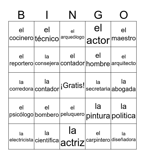 Los ocupaciones Bingo Card