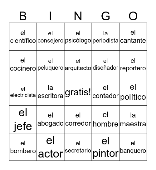 Las ocupaciones Bingo Card