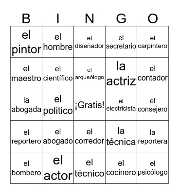 Las ocupaciones Bingo Card