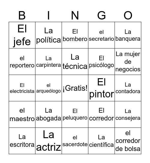 Las ocupaciones Bingo Card