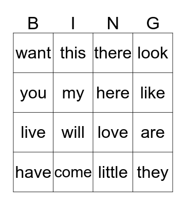 1G words Bingo Card