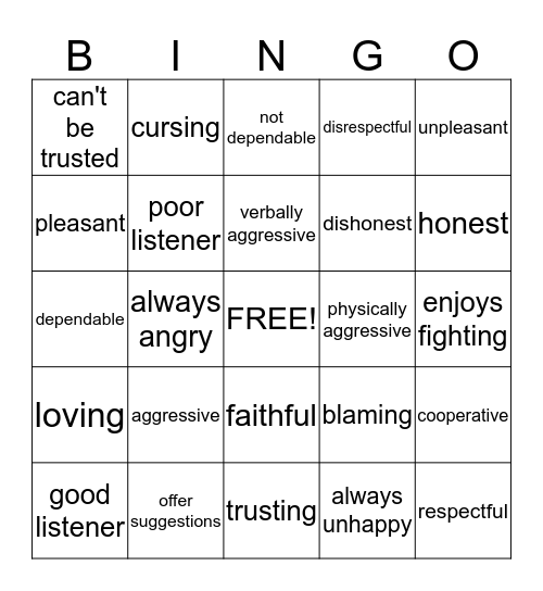 Relationship Bingo Card