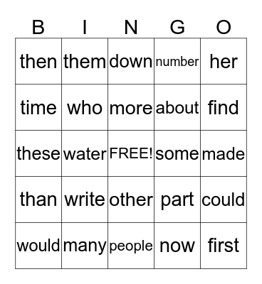 Sight Word Bingo List 3/4 Bingo Card