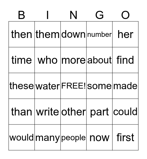 Sight Word Bingo List 3/4 Bingo Card