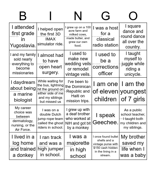 "Getting to know all about you" or "WOW" Bingo Card