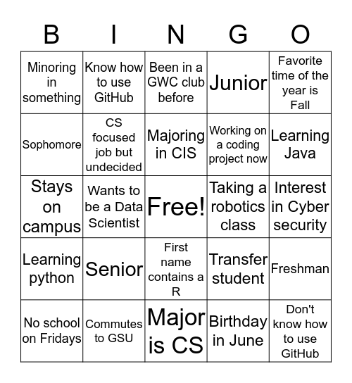 GWC Bingo Card
