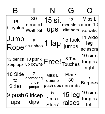 Fitness Bingo Card