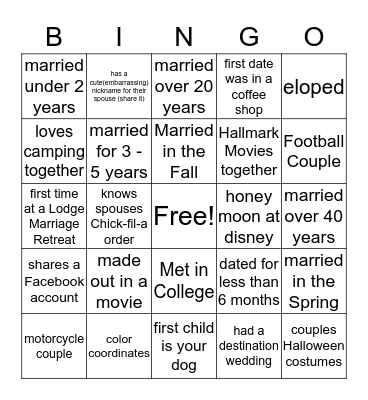 Fall Marriage Retreat 2019 Bingo Card