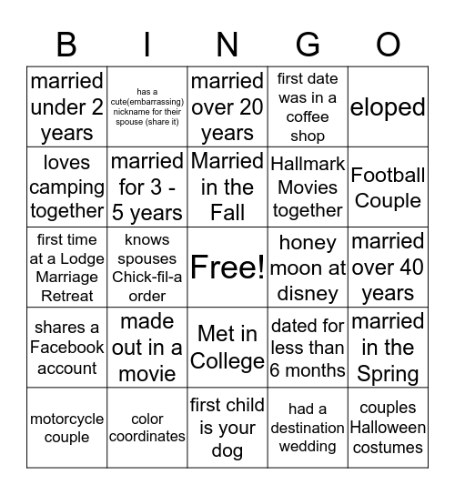 Fall Marriage Retreat 2019 Bingo Card