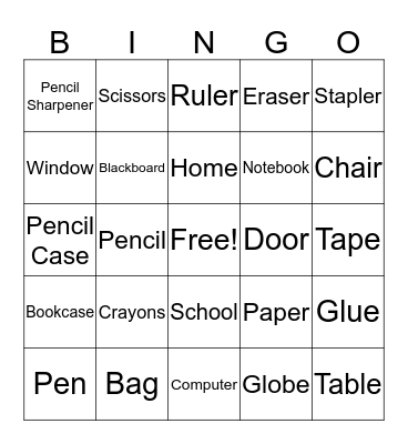 School Objects Bingo Card