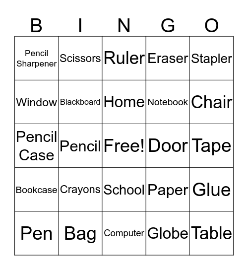 School Objects Bingo Card