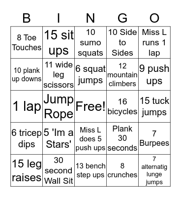 Fitness Bingo Card