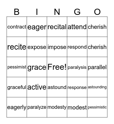 Vocabulary Bingo Card