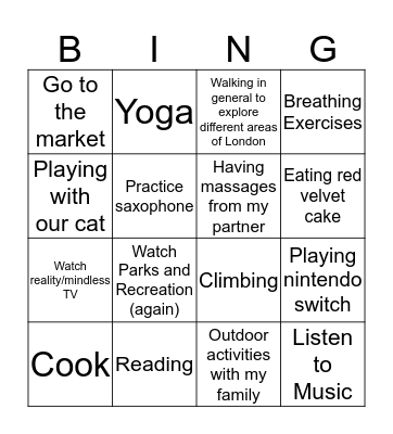 Relaxation Bingo Card