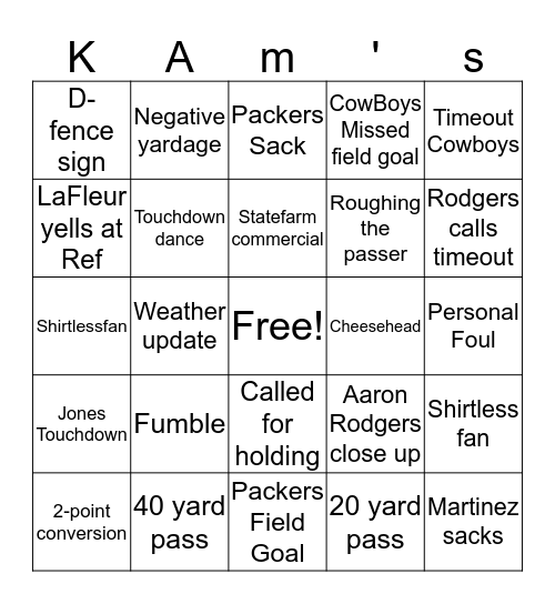 Packers Bingo Card