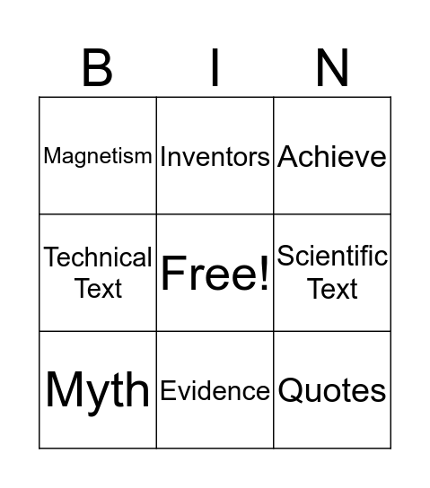 Vocabulary Bingo  Bingo Card