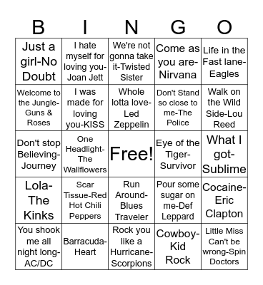 BB80 Rock & Roll 70's, 80's 90's.... Bingo Card