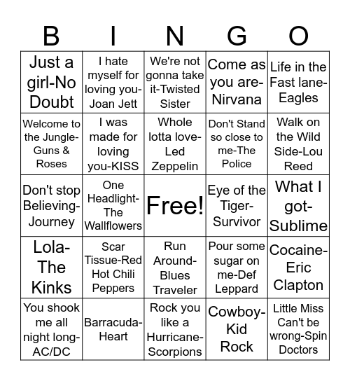 BB80 Rock & Roll 70's, 80's 90's.... Bingo Card