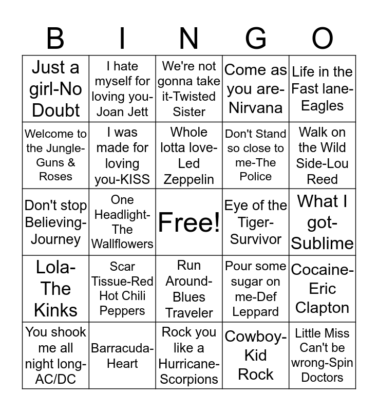 BB80 Rock & Roll 70's, 80's 90's.... Bingo Card