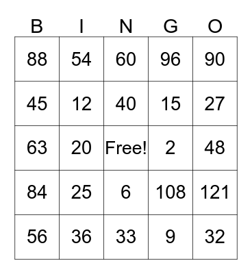 Multiplication Bingo Card