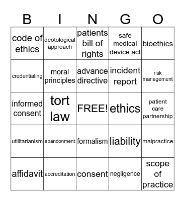 Standards of Conduct Bingo Card