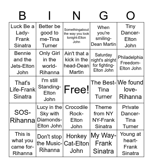 BB81 Dean, Frank, Elton, Tina & Rihanna! Bingo Card