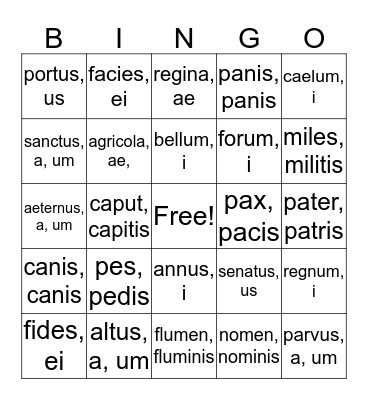 Latin Vocabulary Wk 6 Bingo Card