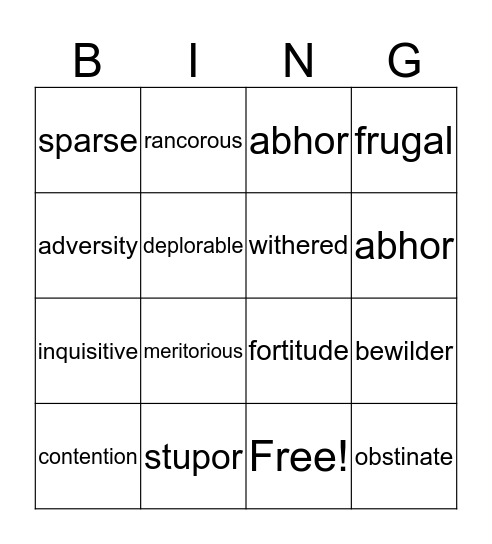 Academic Vocab Bingo Card