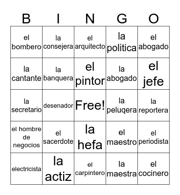las ocupaciones Bingo Card