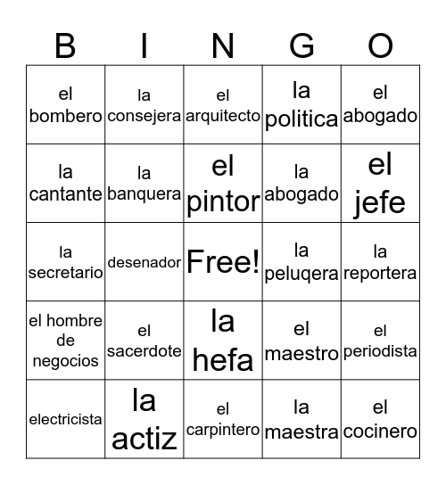 las ocupaciones Bingo Card