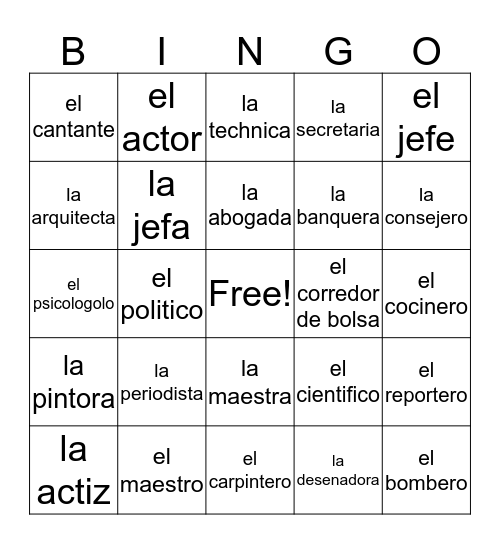 Las Ocupaciones Bingo Card