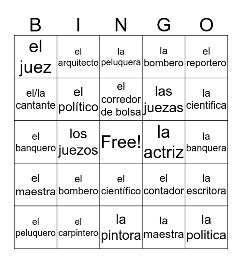 las ocupaciones Bingo Card