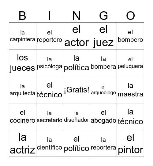 Las Ocupaciones Bingo Card