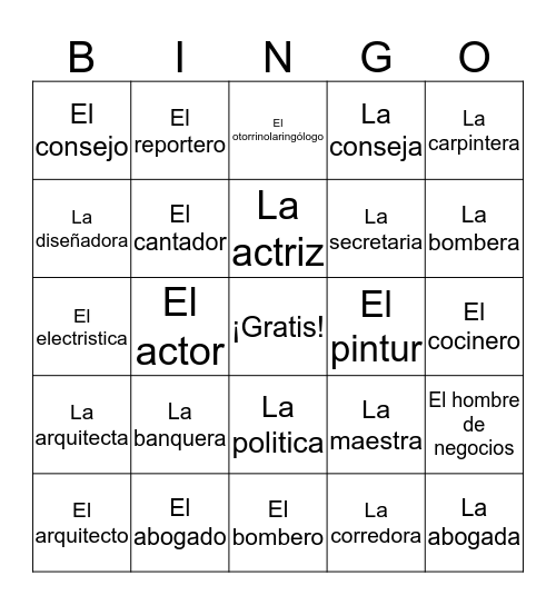 Los Ocupaciones Bingo Card